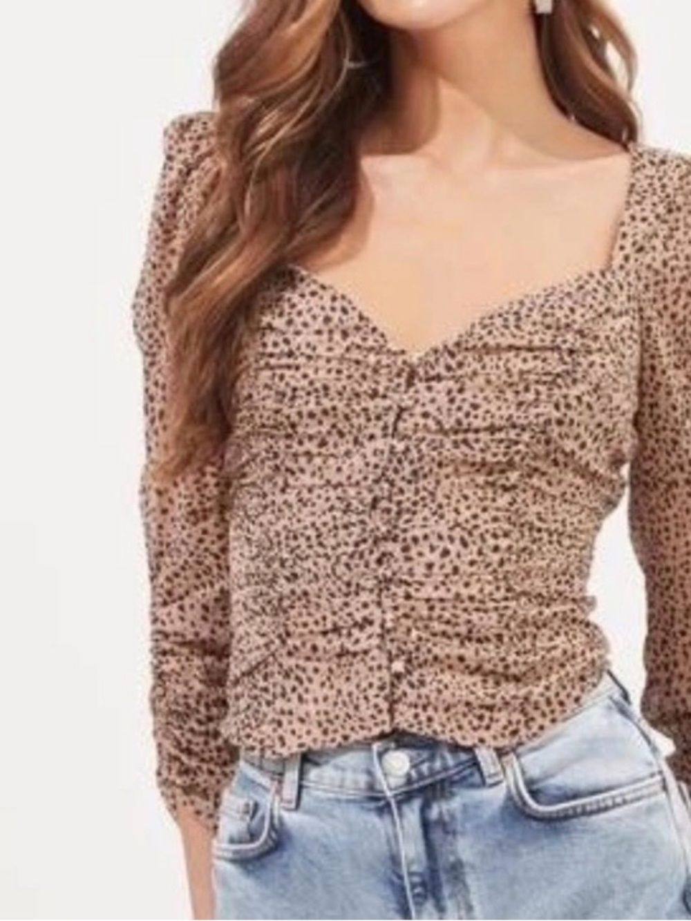 Astr Leopard Print Puff Sleeve Tie-Back Blouse in Tan and Black